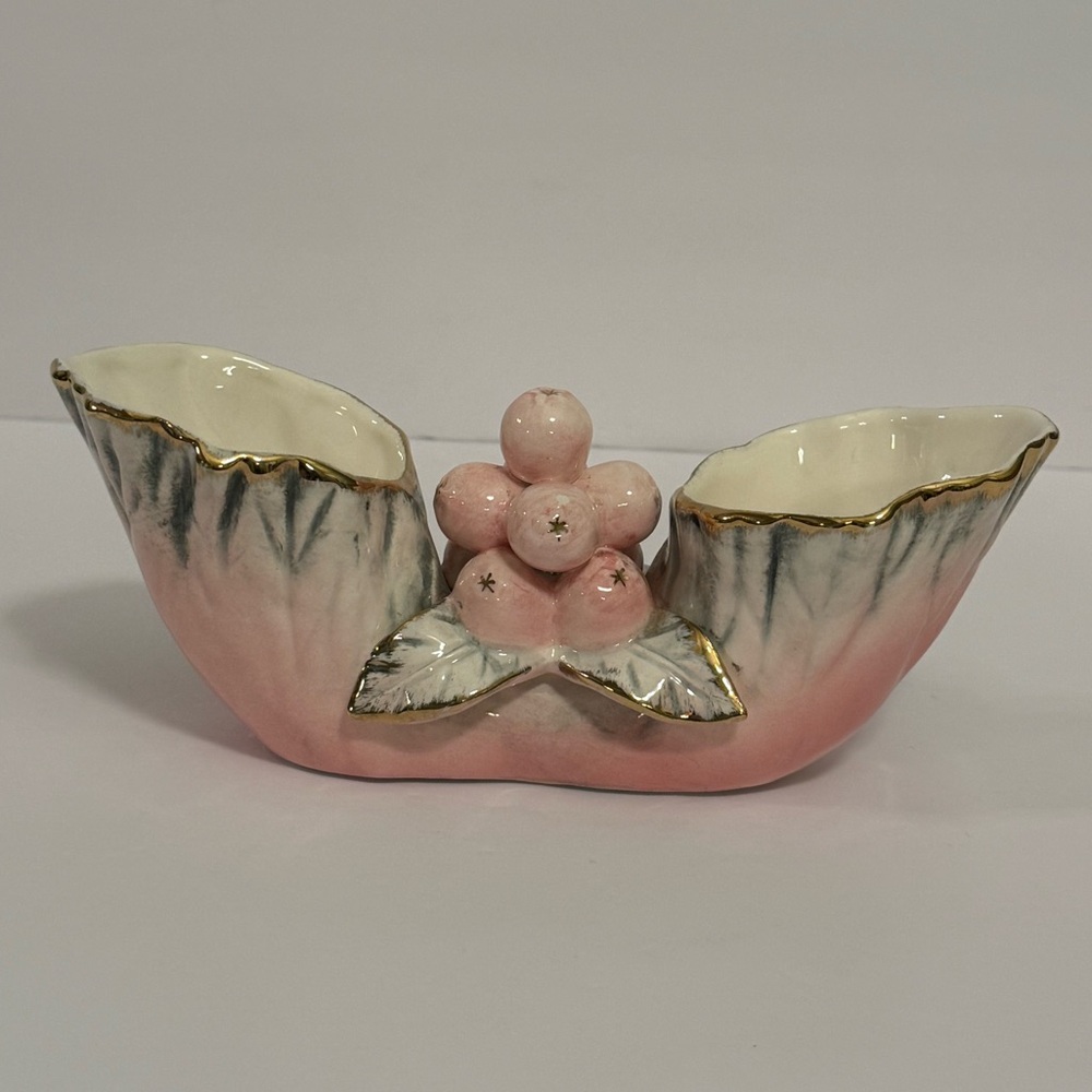 Ucago Japan Double Horn Shape Vase Berries & Floral Original With Tag Vintage